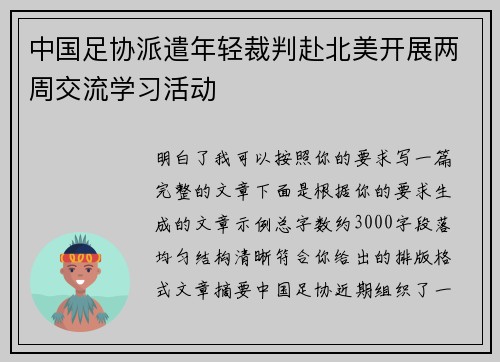 中国足协派遣年轻裁判赴北美开展两周交流学习活动